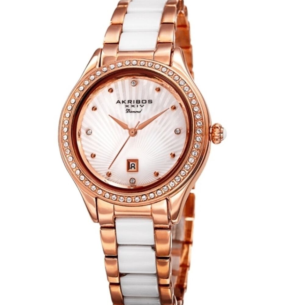Women's Watch Akribos XXIV Diamond Oyster Quartz Rose Gold Swarovski Crystals